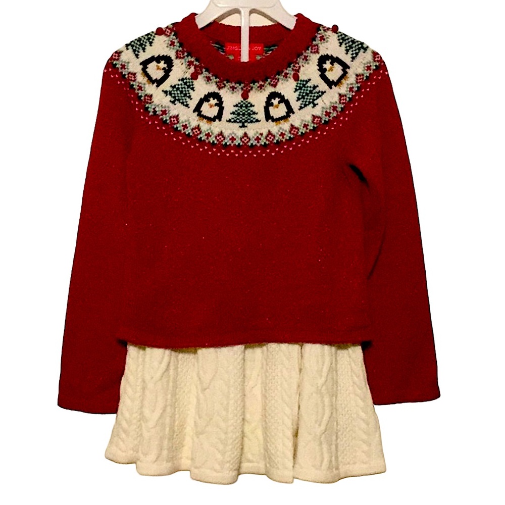 JINGLES & JOY sz 6X Holiday Outfit Sweater & Skirt Penguins Cable Knit Red Cream